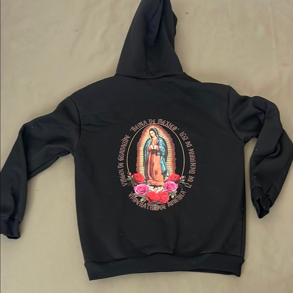 Black  YOUTH  12/13” size … Hooded Jacket with Religious Back Graphic